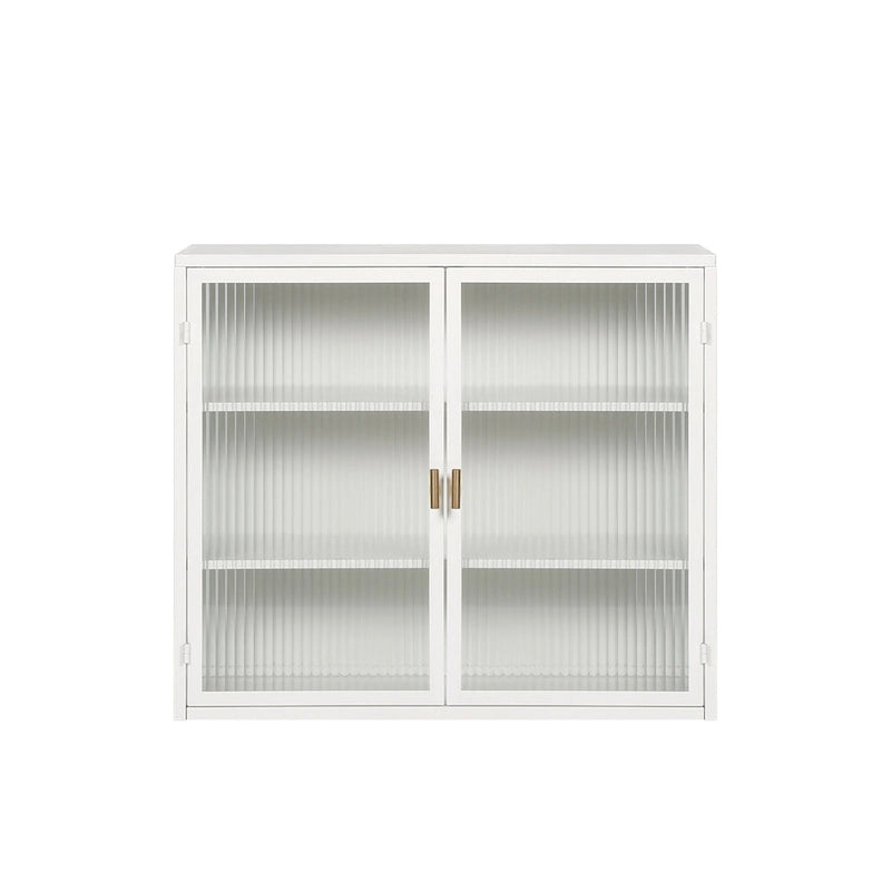 Buffet vitrine cannelé blanc / noir / vert menthe – 2 portes, 3 niveaux de rangement, montage 1 personne