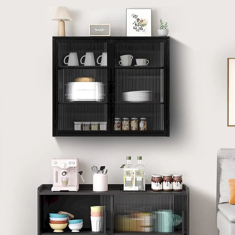 Buffet vitrine cannelé blanc / noir / vert menthe – 2 portes, 3 niveaux de rangement, montage 1 personne