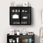 Buffet vitrine cannelé blanc / noir / vert menthe – 2 portes, 3 niveaux de rangement, montage 1 personne