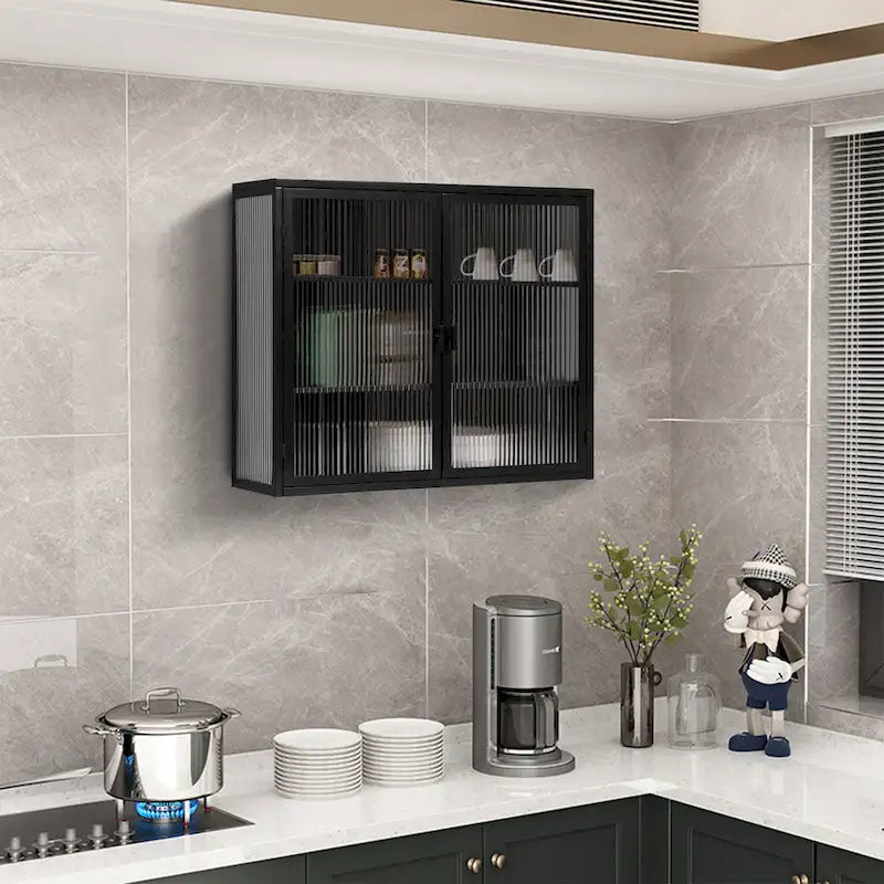 Buffet vitrine cannelé blanc / noir / vert menthe – 2 portes, 3 niveaux de rangement, montage 1 personne