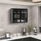 Buffet vitrine cannelé blanc / noir / vert menthe – 2 portes, 3 niveaux de rangement, montage 1 personne
