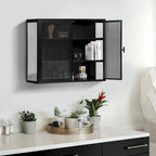 Buffet vitrine cannelé blanc / noir / vert menthe – 2 portes, 3 niveaux de rangement, montage 1 personne