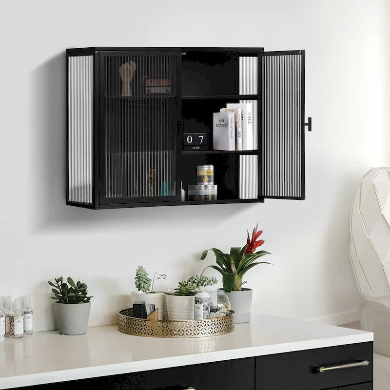Buffet vitrine cannelé blanc / noir / vert menthe – 2 portes, 3 niveaux de rangement, montage 1 personne