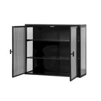 Buffet vitrine cannelé blanc / noir / vert menthe – 2 portes, 3 niveaux de rangement, montage 1 personne