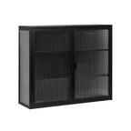 Buffet vitrine cannelé blanc / noir / vert menthe – 2 portes, 3 niveaux de rangement, montage 1 personne
