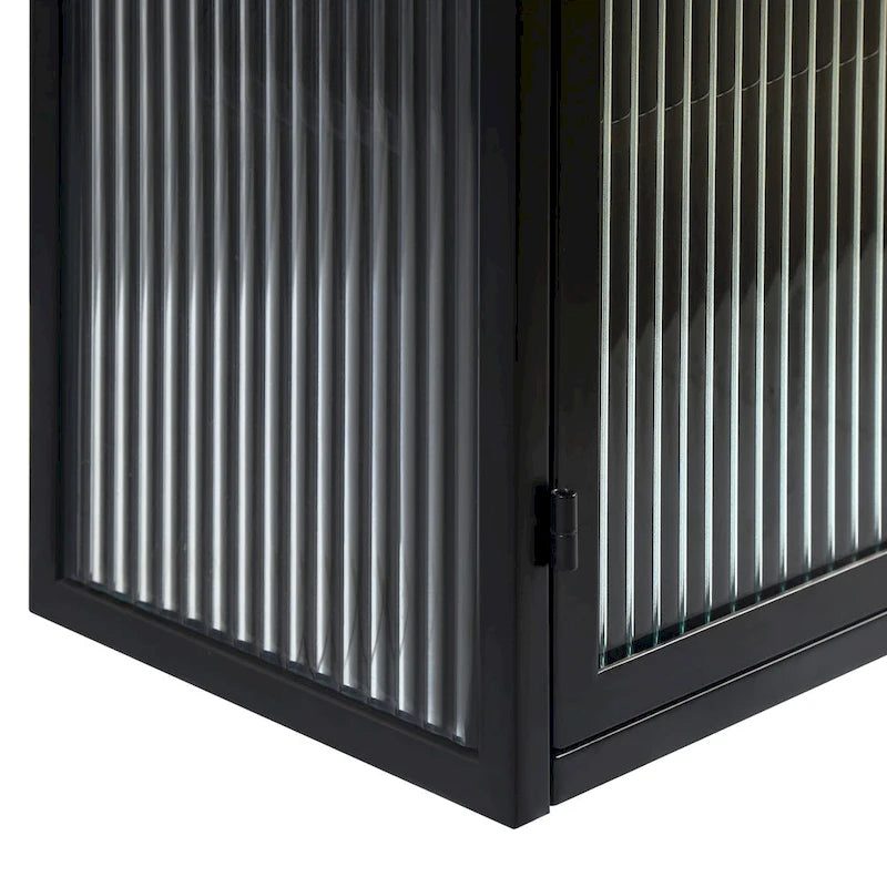 Buffet vitrine cannelé blanc / noir / vert menthe – 2 portes, 3 niveaux de rangement, montage 1 personne