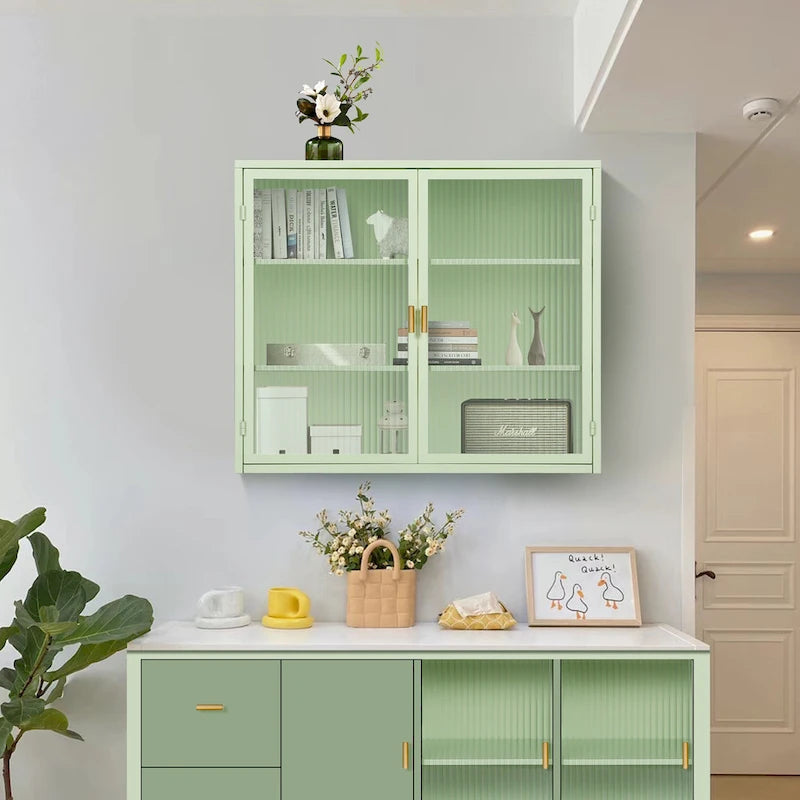Buffet vitrine cannelé blanc / noir / vert menthe – 2 portes, 3 niveaux de rangement, montage 1 personne