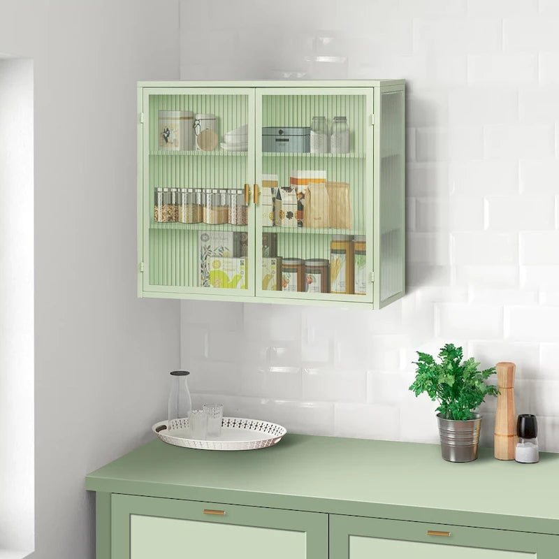 Buffet vitrine cannelé blanc / noir / vert menthe – 2 portes, 3 niveaux de rangement, montage 1 personne