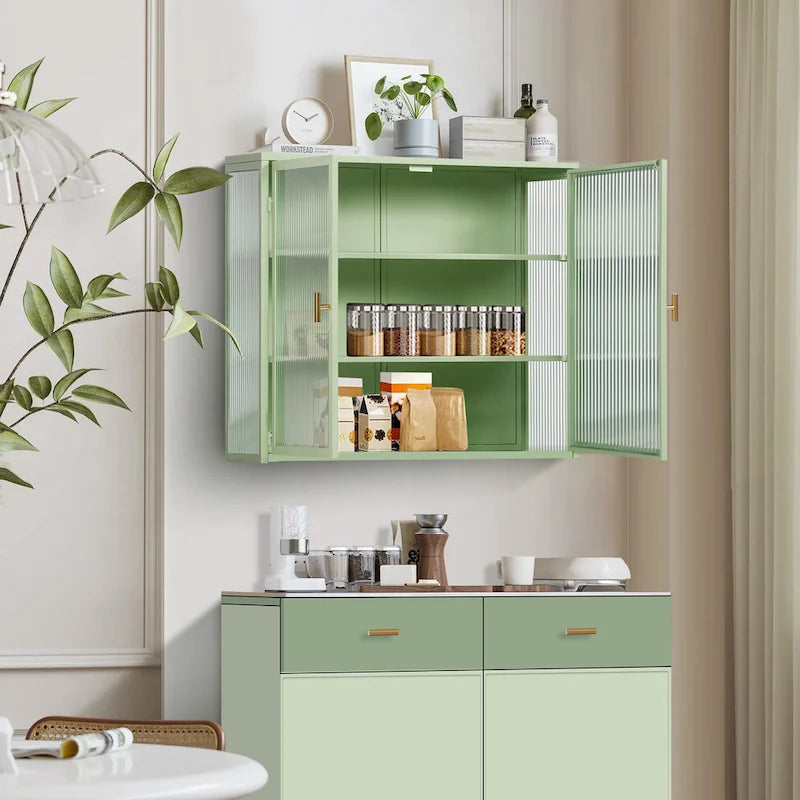 Buffet vitrine cannelé blanc / noir / vert menthe – 2 portes, 3 niveaux de rangement, montage 1 personne