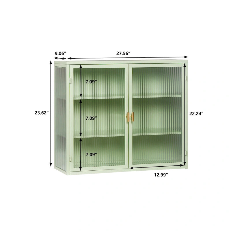 Buffet vitrine cannelé blanc / noir / vert menthe – 2 portes, 3 niveaux de rangement, montage 1 personne