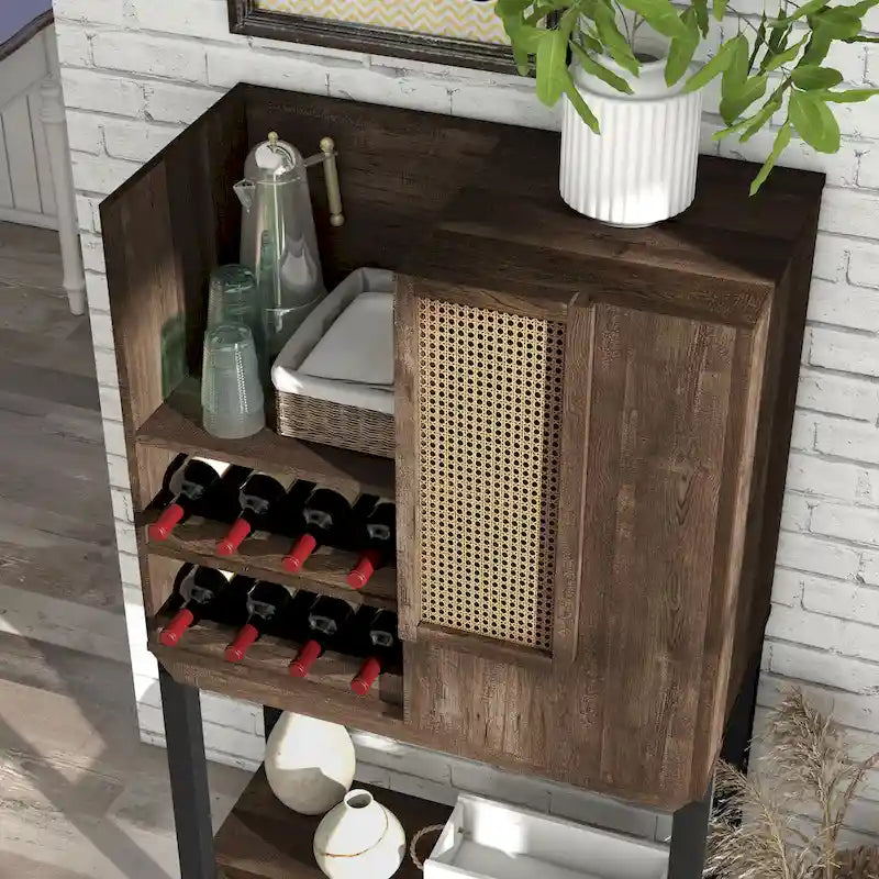 Vaisselier de cuisine rustique en chêne recyclé avec casier à vin, étagères ouvertes, meuble de rangement – 1 personne