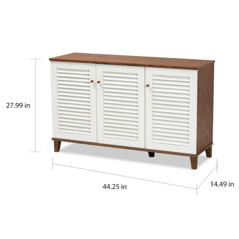 Meuble à chaussures 3 portes Noyer & Blanc, 8 étagères pour 16 paires