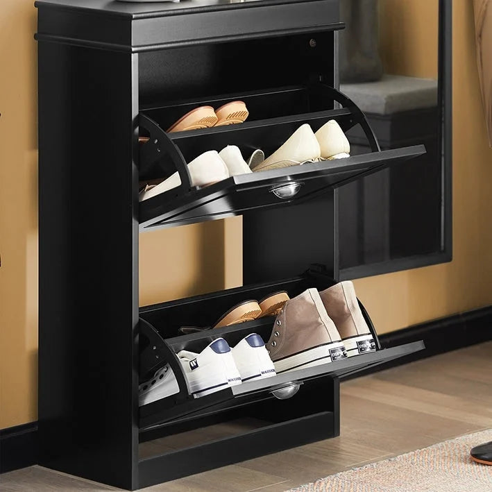 Meuble à chaussures basculant à 2 tiroirs pour 1 personne, blanc/noir