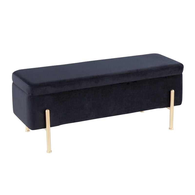 Banc de rangement capitonné avec couvercle à charnière — Tissu/Velours/Similicuir, Base noire/dorée, 1 place