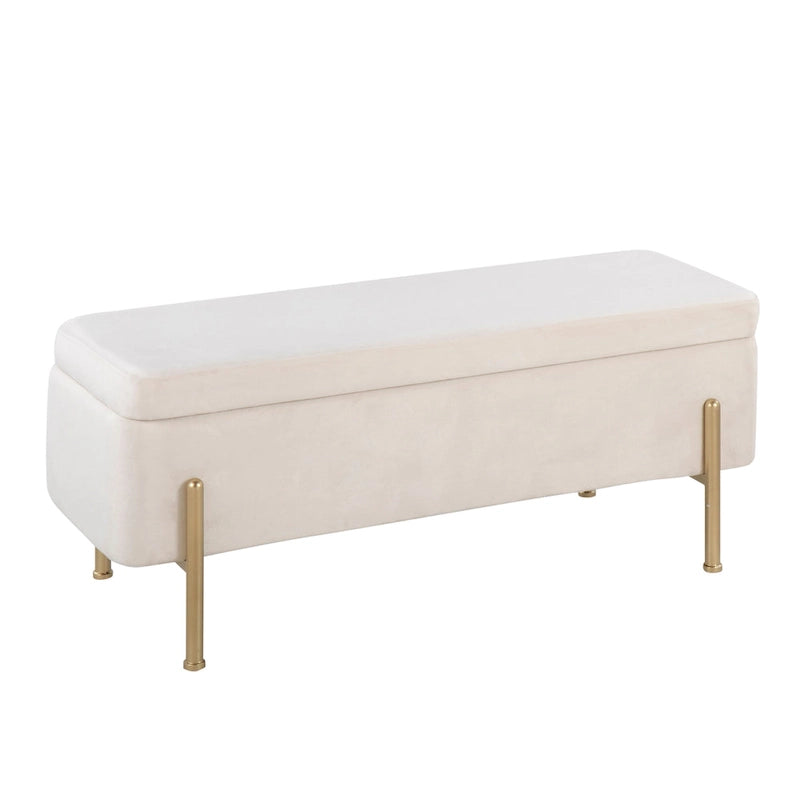 Banc de rangement capitonné avec couvercle à charnière — Tissu/Velours/Similicuir, Base noire/dorée, 1 place