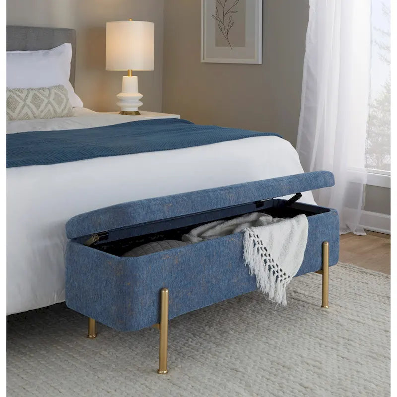 Banc de rangement capitonné avec couvercle à charnière — Tissu/Velours/Similicuir, Base noire/dorée, 1 place