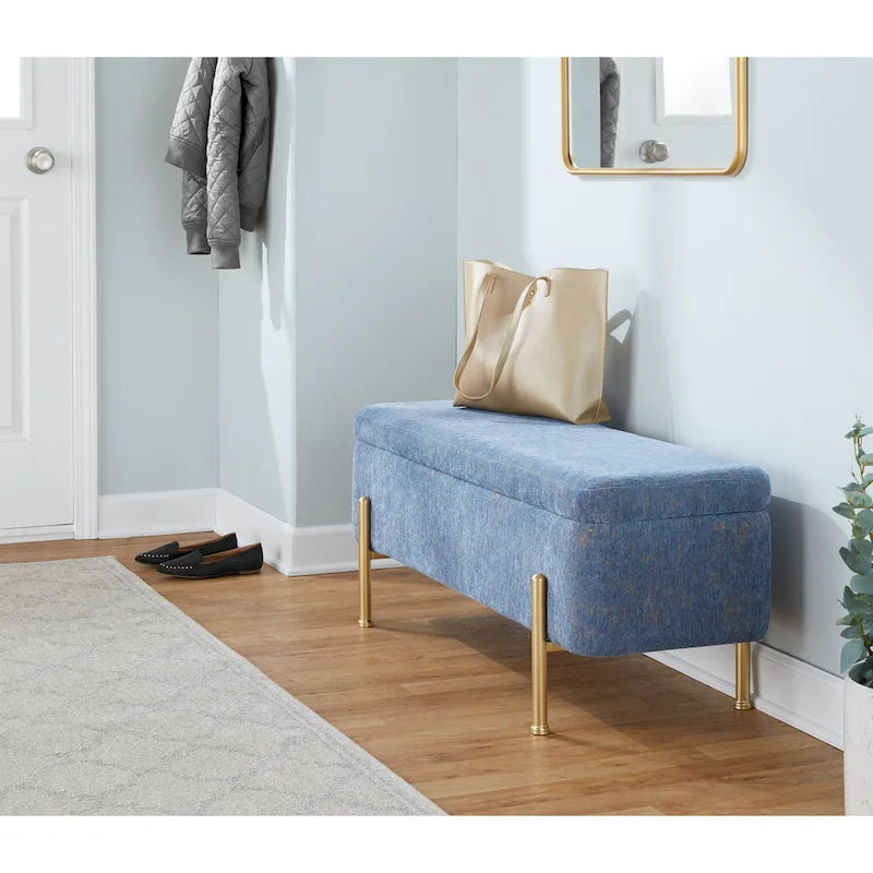 Banc de rangement capitonné avec couvercle à charnière — Tissu/Velours/Similicuir, Base noire/dorée, 1 place