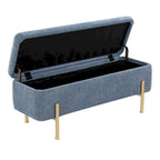Banc de rangement capitonné avec couvercle à charnière — Tissu/Velours/Similicuir, Base noire/dorée, 1 place