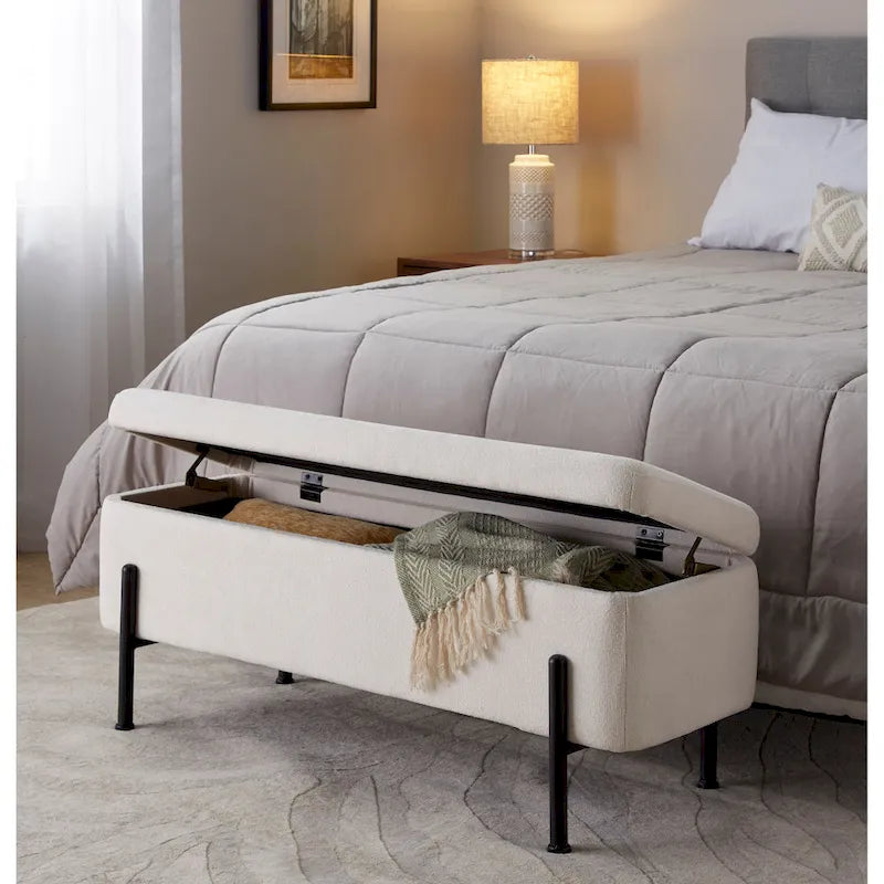 Banc de rangement capitonné avec couvercle à charnière — Tissu/Velours/Similicuir, Base noire/dorée, 1 place