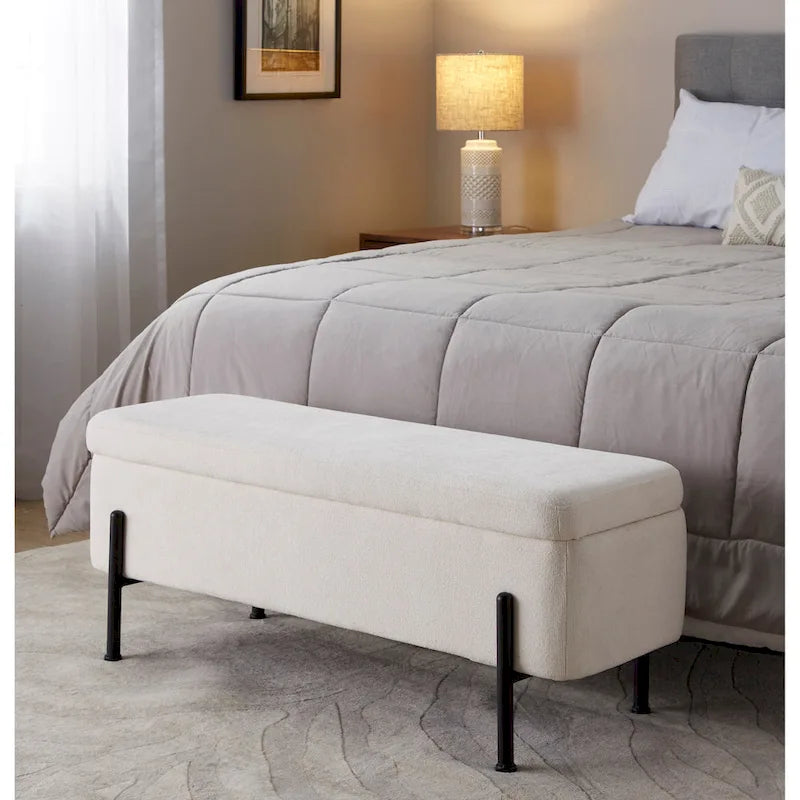 Banc de rangement capitonné avec couvercle à charnière — Tissu/Velours/Similicuir, Base noire/dorée, 1 place