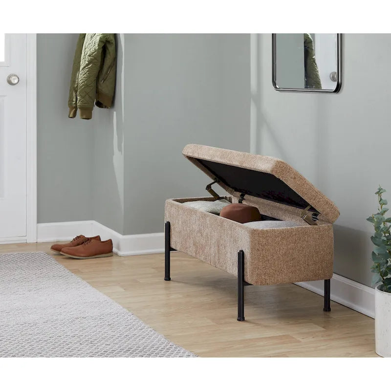 Banc de rangement capitonné avec couvercle à charnière — Tissu/Velours/Similicuir, Base noire/dorée, 1 place