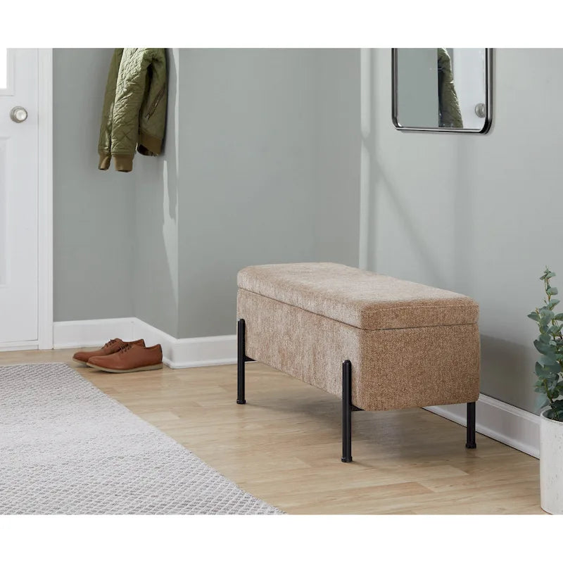 Banc de rangement capitonné avec couvercle à charnière — Tissu/Velours/Similicuir, Base noire/dorée, 1 place