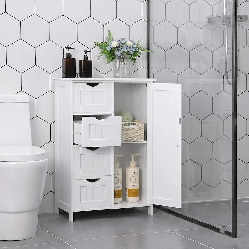 Meuble de rangement de salle de bain blanc autoportant à 4 tiroirs avec étagère réglable