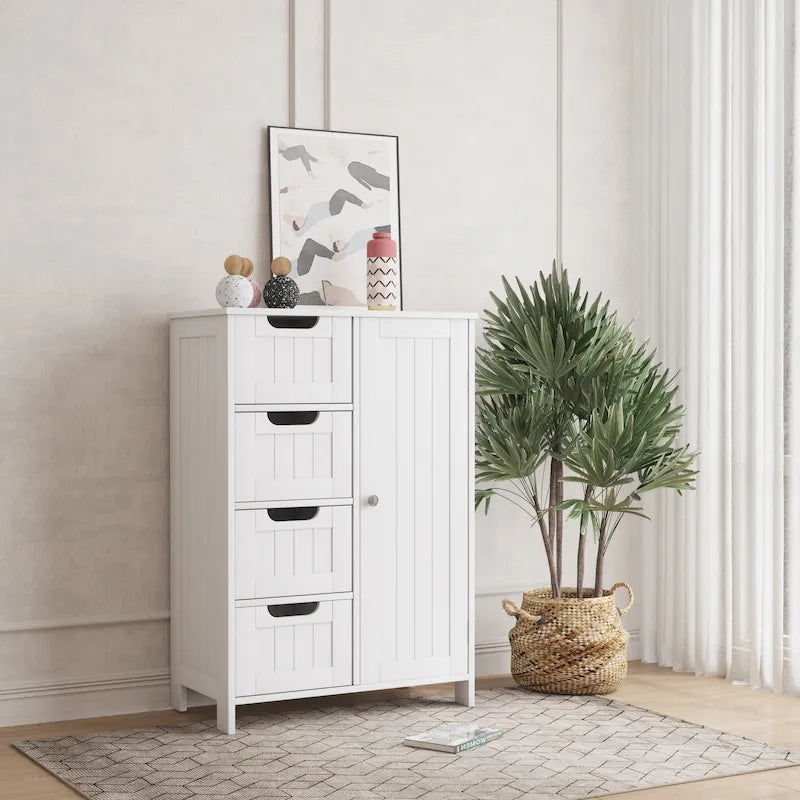 Meuble de rangement de salle de bain blanc autoportant à 4 tiroirs avec étagère réglable