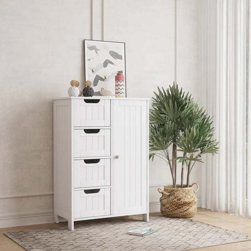 Meuble de rangement de salle de bain blanc autoportant à 4 tiroirs avec étagère réglable