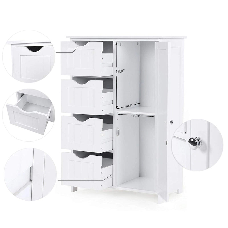 Meuble de rangement de salle de bain blanc autoportant à 4 tiroirs avec étagère réglable
