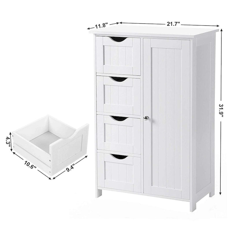Meuble de rangement de salle de bain blanc autoportant à 4 tiroirs avec étagère réglable