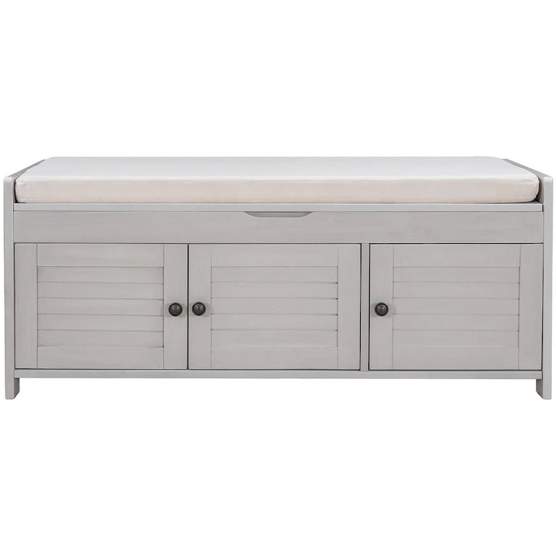 Banc de rangement avec coussin à portes persiennes, 2 places, gris / marine antique / blanc / expresso