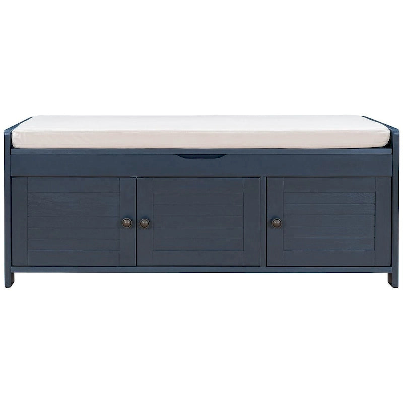 Banc de rangement avec coussin à portes persiennes, 2 places, gris / marine antique / blanc / expresso