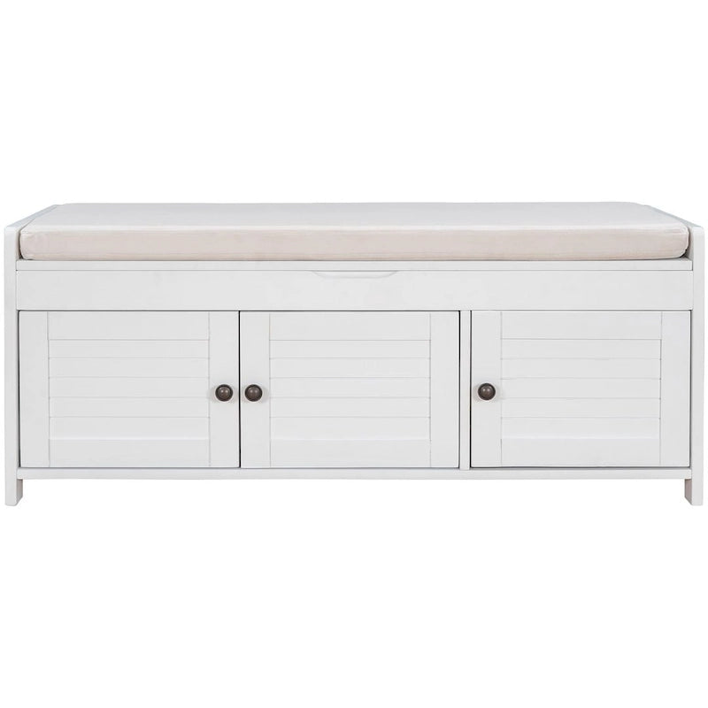 Banc de rangement avec coussin à portes persiennes, 2 places, gris / marine antique / blanc / expresso