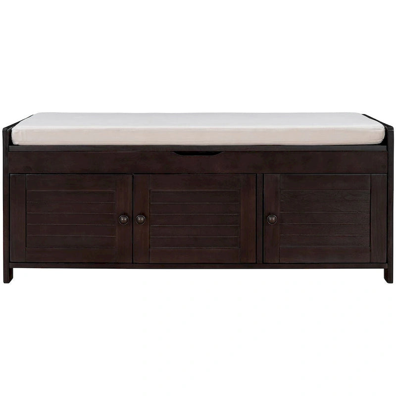 Banc de rangement avec coussin à portes persiennes, 2 places, gris / marine antique / blanc / expresso