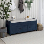 Banc de rangement avec coussin à portes persiennes, 2 places, gris / marine antique / blanc / expresso