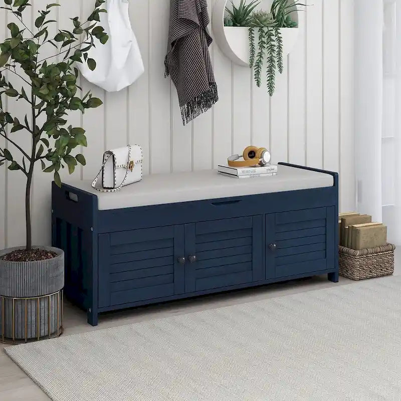 Banc de rangement avec coussin à portes persiennes, 2 places, gris / marine antique / blanc / expresso