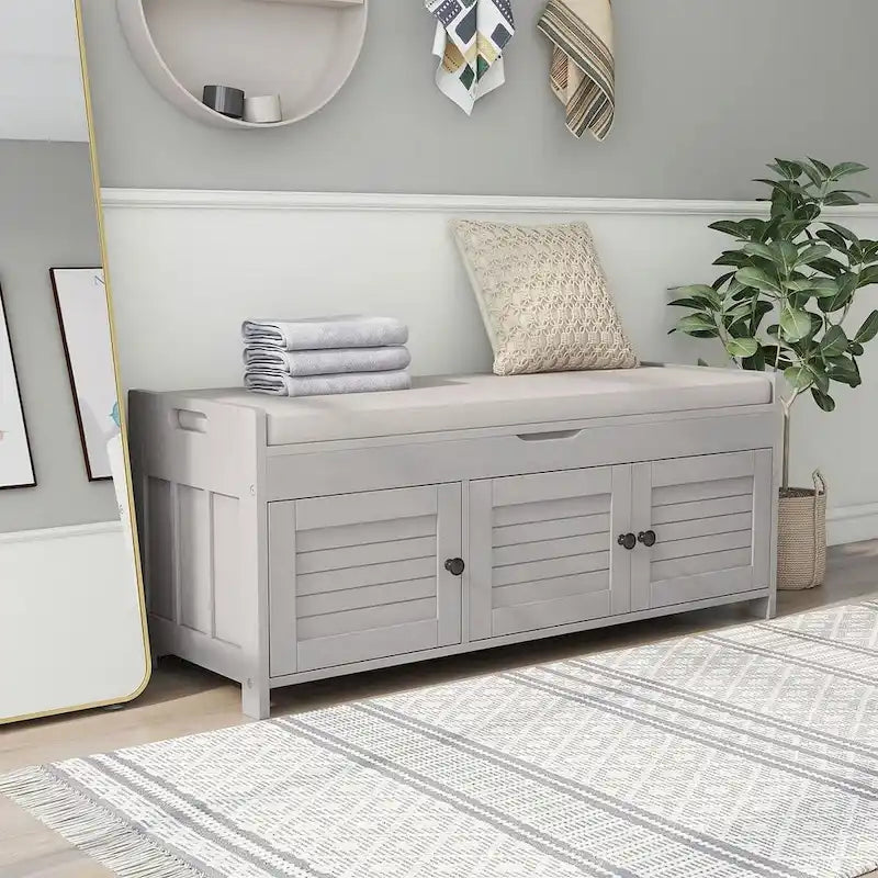 Banc de rangement avec coussin à portes persiennes, 2 places, gris / marine antique / blanc / expresso