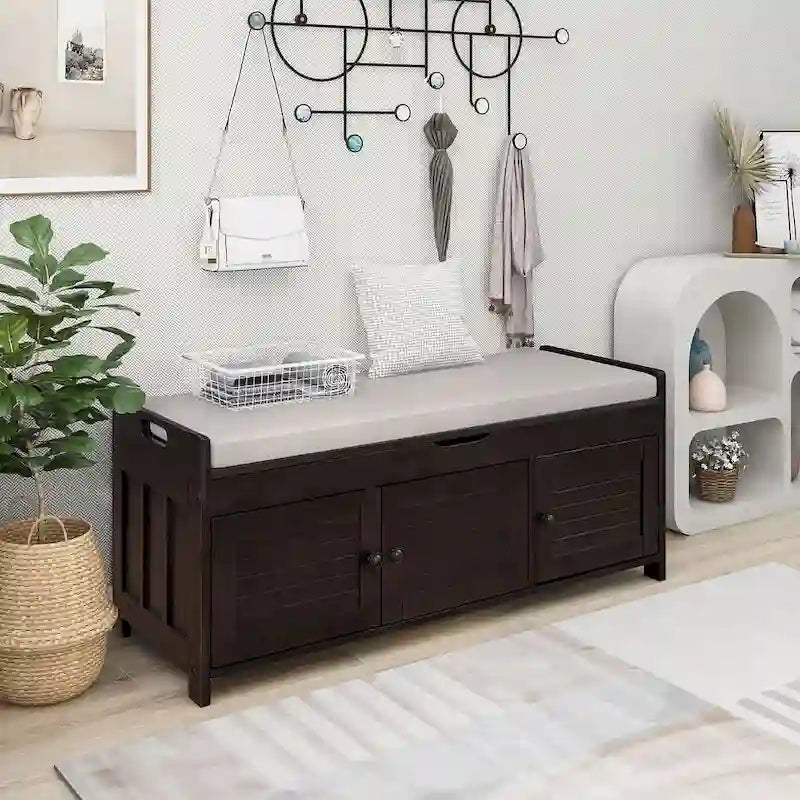 Banc de rangement avec coussin à portes persiennes, 2 places, gris / marine antique / blanc / expresso