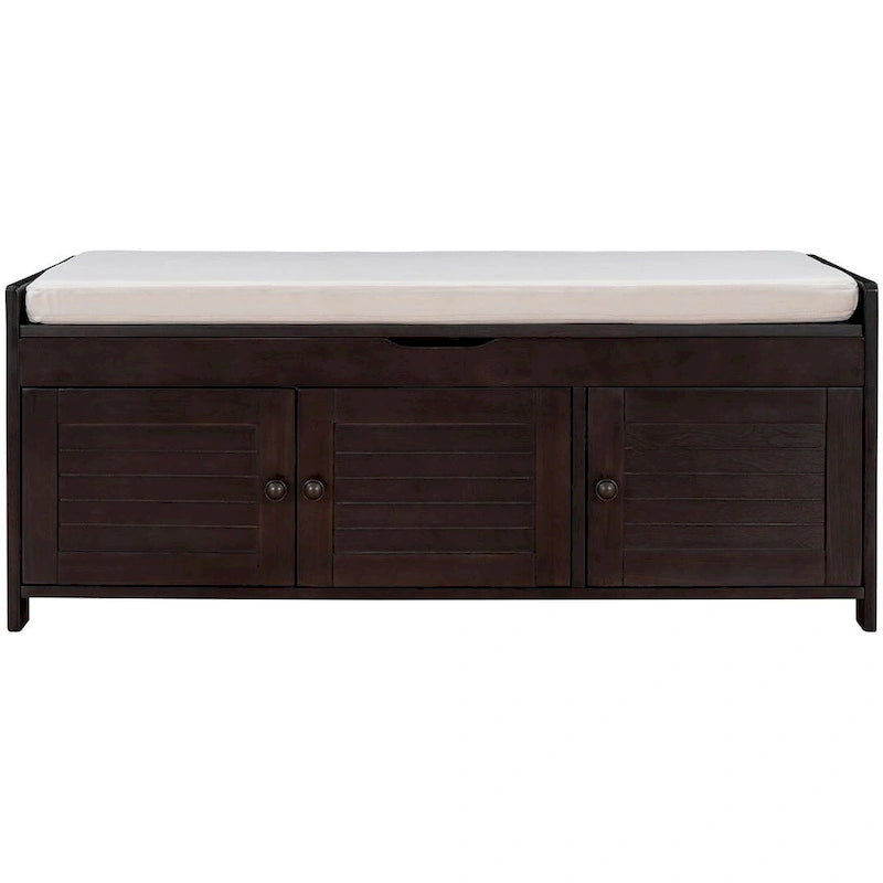 Banc de rangement avec coussin à portes persiennes, 2 places, gris / marine antique / blanc / expresso