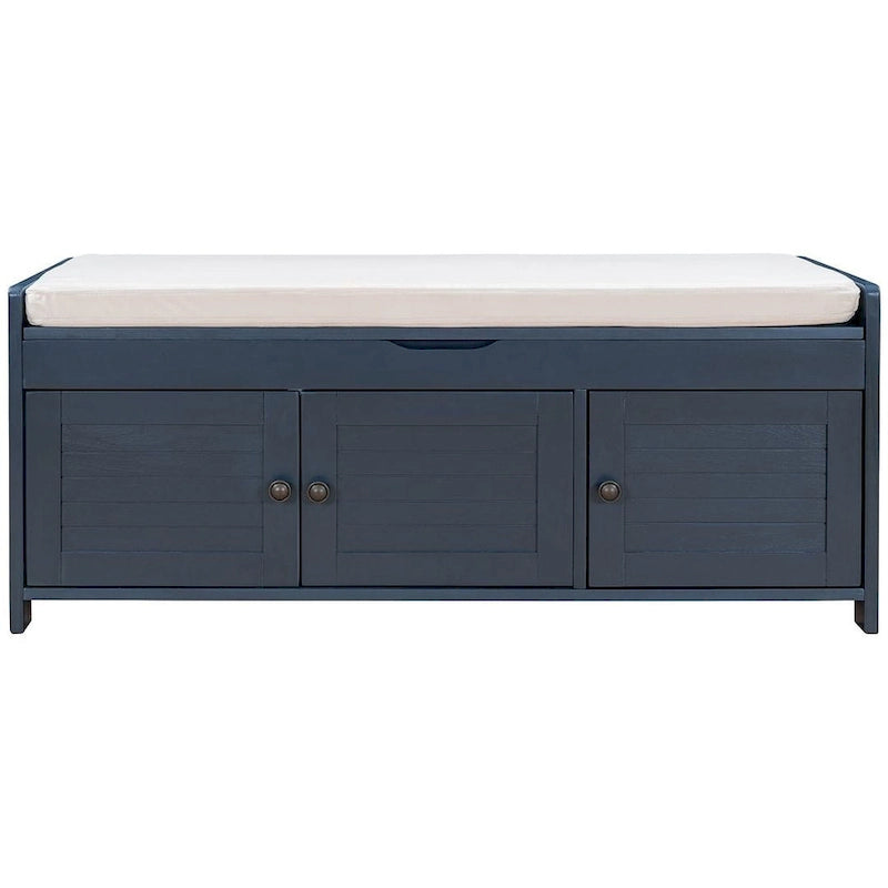 Banc de rangement avec coussin à portes persiennes, 2 places, gris / marine antique / blanc / expresso
