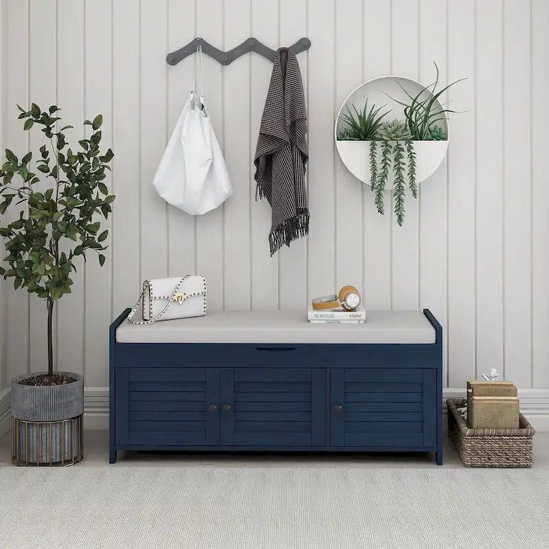 Banc de rangement avec coussin à portes persiennes, 2 places, gris / marine antique / blanc / expresso