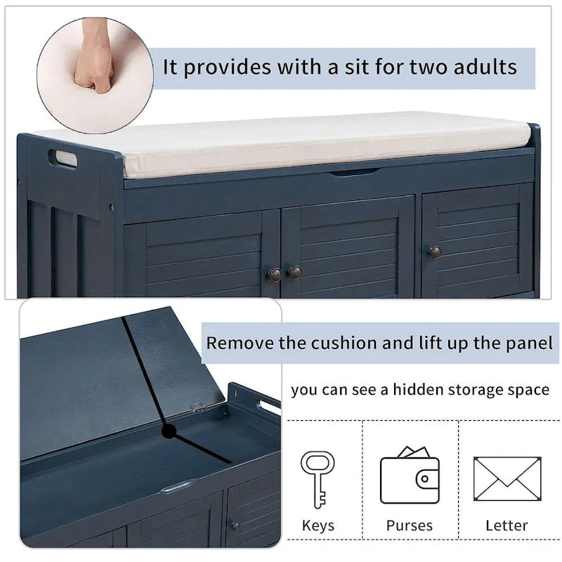 Banc de rangement avec coussin à portes persiennes, 2 places, gris / marine antique / blanc / expresso