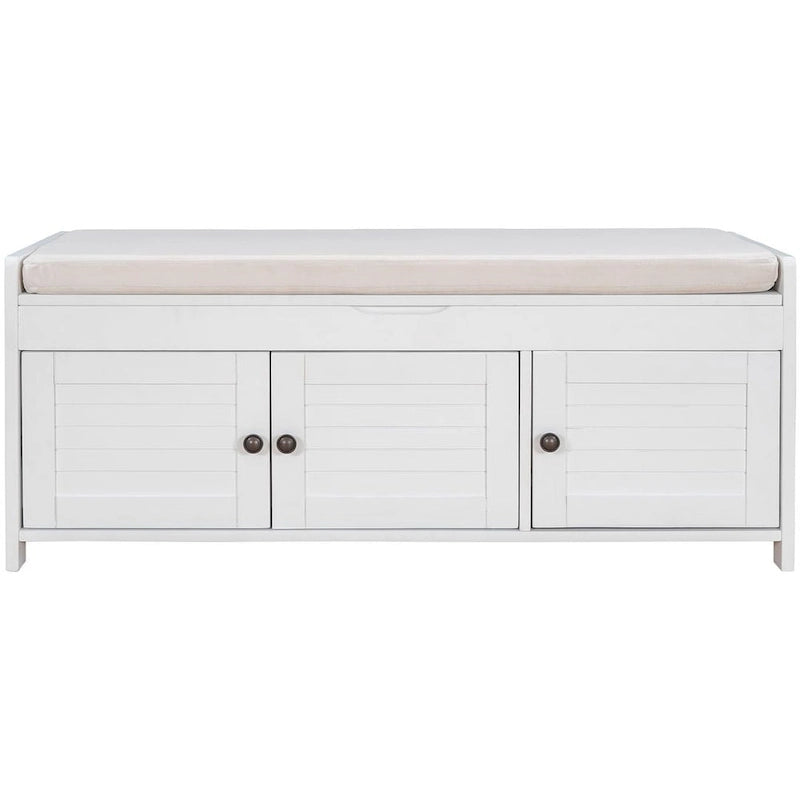 Banc de rangement avec coussin à portes persiennes, 2 places, gris / marine antique / blanc / expresso