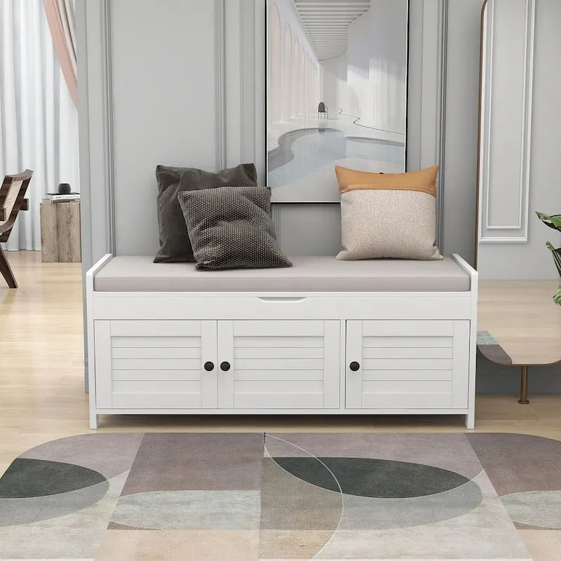 Banc de rangement avec coussin à portes persiennes, 2 places, gris / marine antique / blanc / expresso