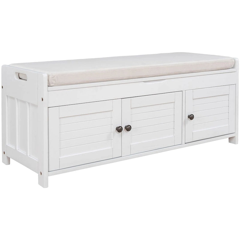 Banc de rangement avec coussin à portes persiennes, 2 places, gris / marine antique / blanc / expresso