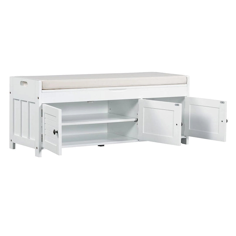Banc de rangement avec coussin à portes persiennes, 2 places, gris / marine antique / blanc / expresso