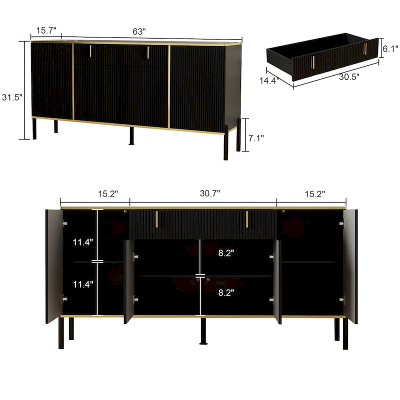 Buffet moderne 4 portes noir/doré et blanc/doré