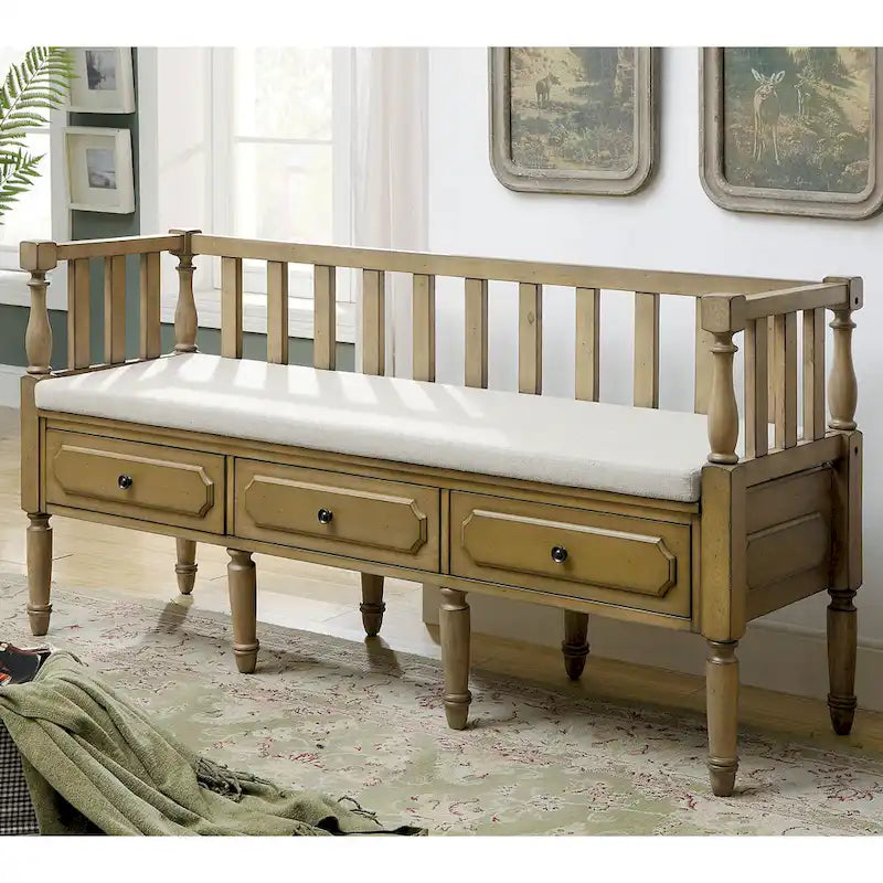 Banc de rangement 3 tiroirs rembourré en tissu style Ferme Noyer / Naturel / Blanc — 1 place