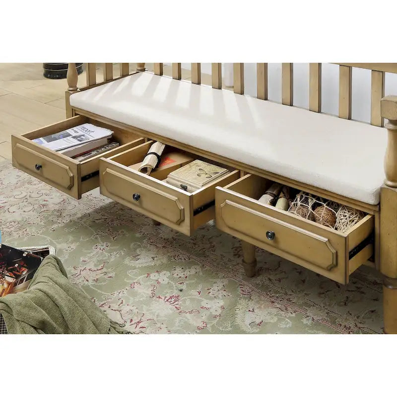 Banc de rangement 3 tiroirs rembourré en tissu style Ferme Noyer / Naturel / Blanc — 1 place
